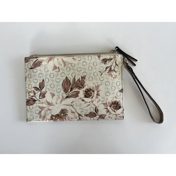 Guess Large Floral Wristlet Clutch Wallet White Tan Floral - Picture 6 of 14